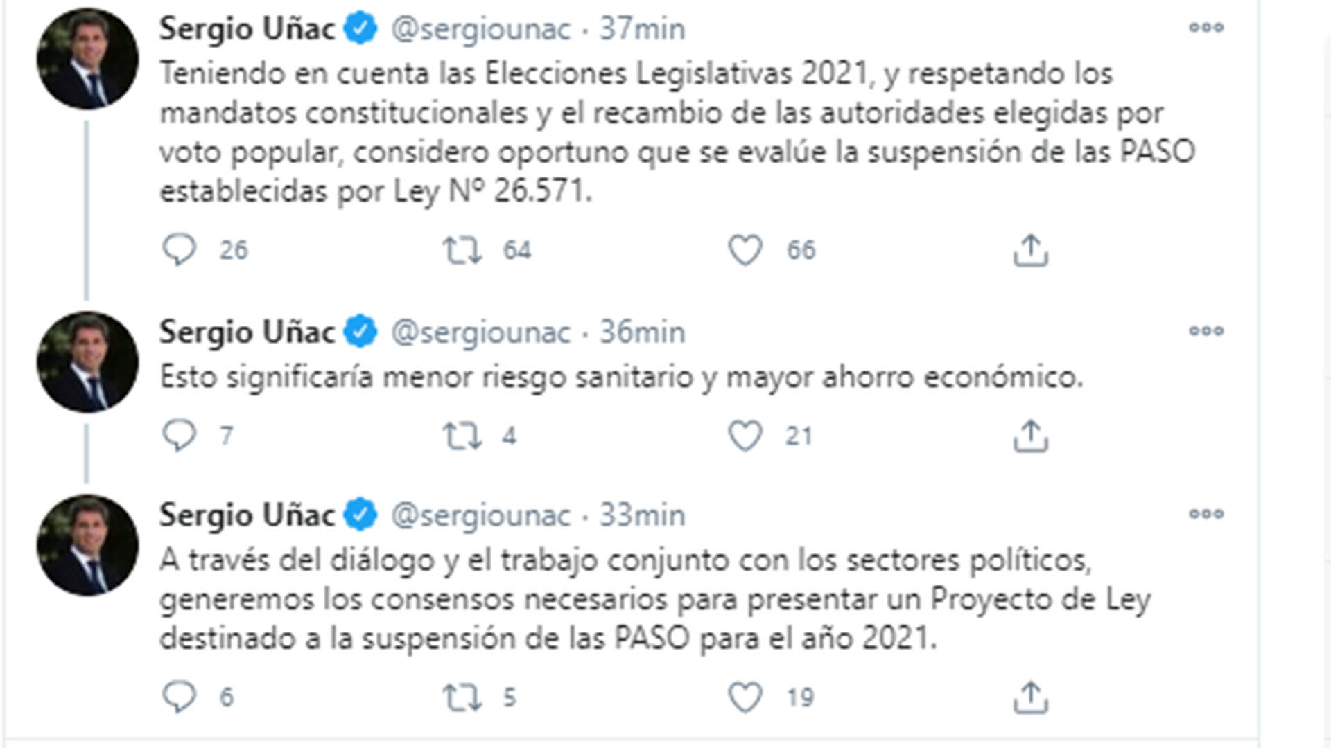 El mensaje que el gobernador Sergio Uñac subió a sus redes sociales 