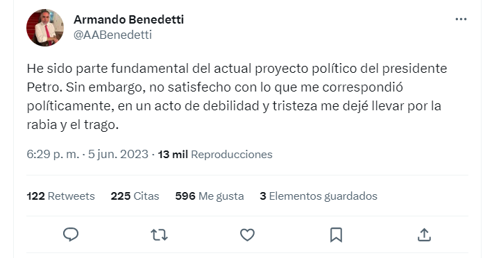 The former ambassador to Venezuela once again referred to the scandal over his leaked audios and acknowledged that he was under the influence of alcohol.  Photo @AABenedetti/Twitter