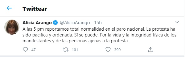 Pronunciamiento en Twitter de la ministra del Interior, Alicia Arango, sobre la jornada del paro nacional. Foto: Twitter Alicia Arango.