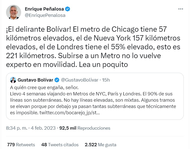 Enrique Peñalosa le responde a Gustavo Bolívar por defender metro subterráneo