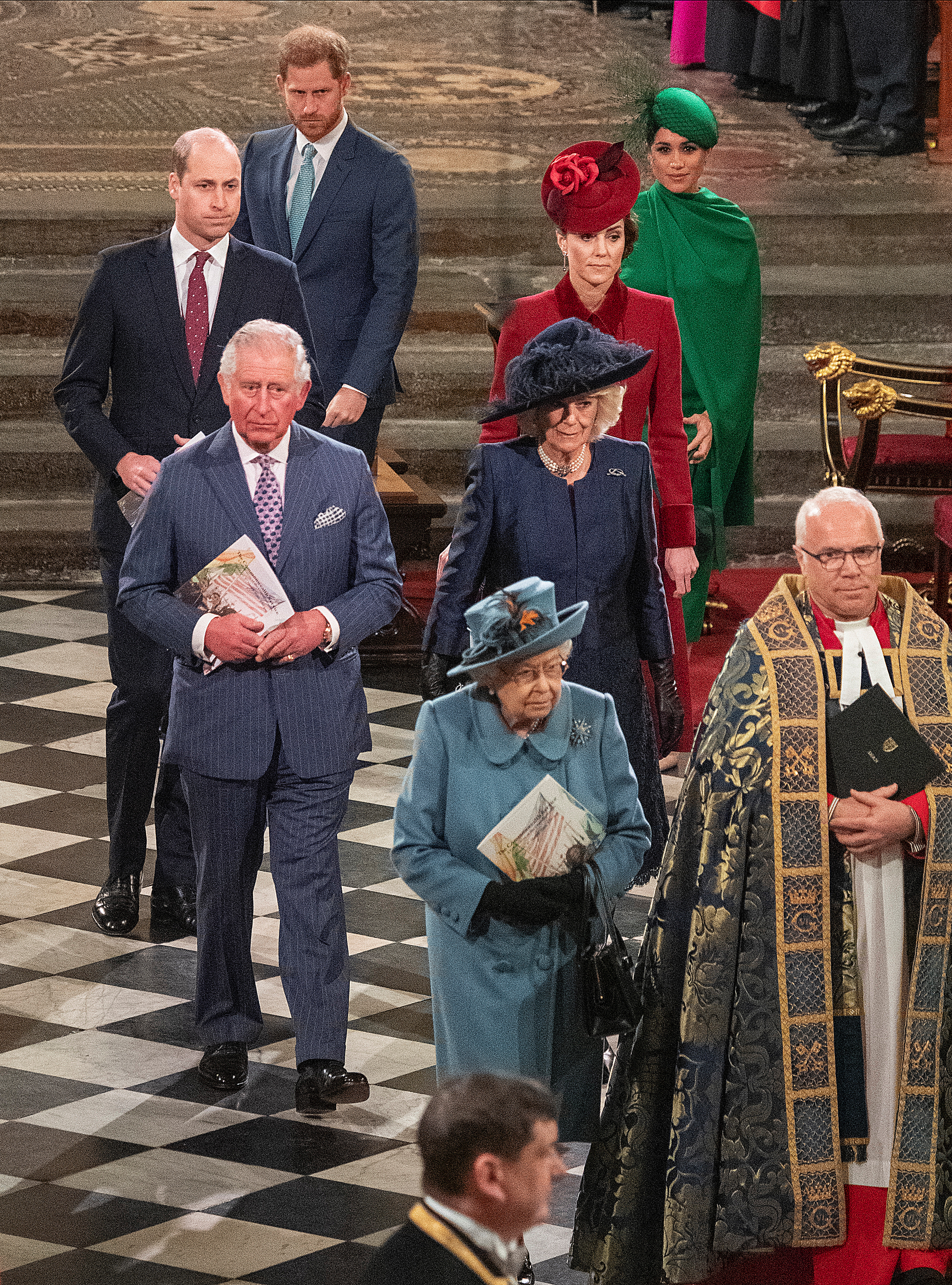 Queen Elizabeth II, Prince Charles, Camilla, Prince William, Duchess of Cambridge, Prince Harry and Meghan Markle attend the annual Commonwealth Service at Westminster Abbey in London, Britain on March 9, 2020 It was the Dukes of Sussex's last official act with the Royal Family (Reuters)
