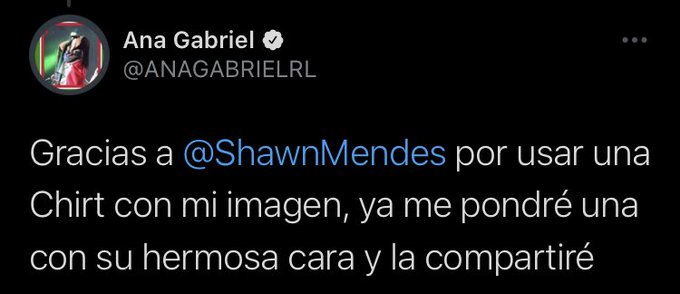 Ana Gabriel prometió ponerse una playera con la cara de Shawn Mendes como agradecimiento (Foto: captura de pantalla de Twitter @ANAGABRIELRL).