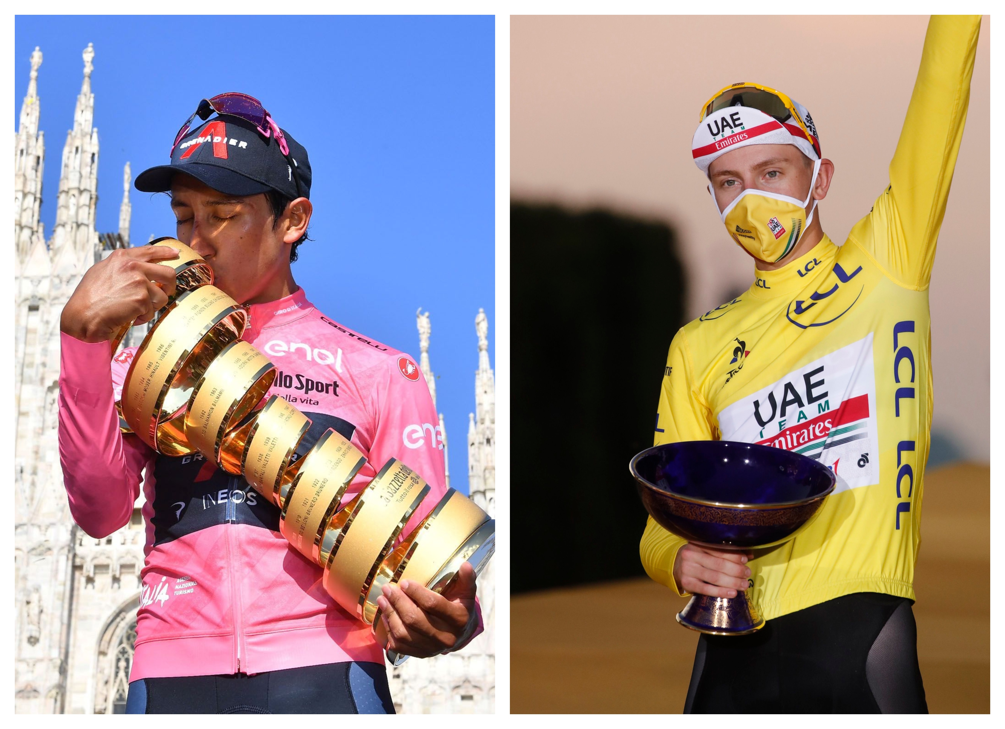 Con 24 años, Egan Bernal buscaría participar en La Vuelta a España 2021 para ganar la triple corona del ciclismo; con 22, Tadej Pogacar está cerca de ganar el Tour de Francia por segunda ocasión. Foto: Reuters