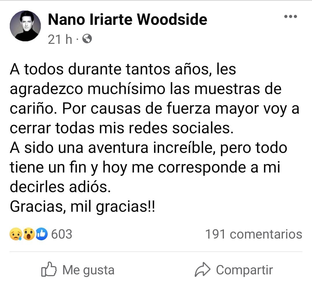 El mensaje de despedida del hombre de 55 años que ha generado especulaciones (Foto Instagram: @maxwoodside // Foto Facebook: Nano Iriarte Woodside)