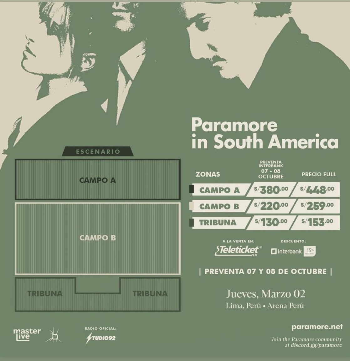 Tickets for Paramore concert in Lima 2023. (Instagram - Teleticket)