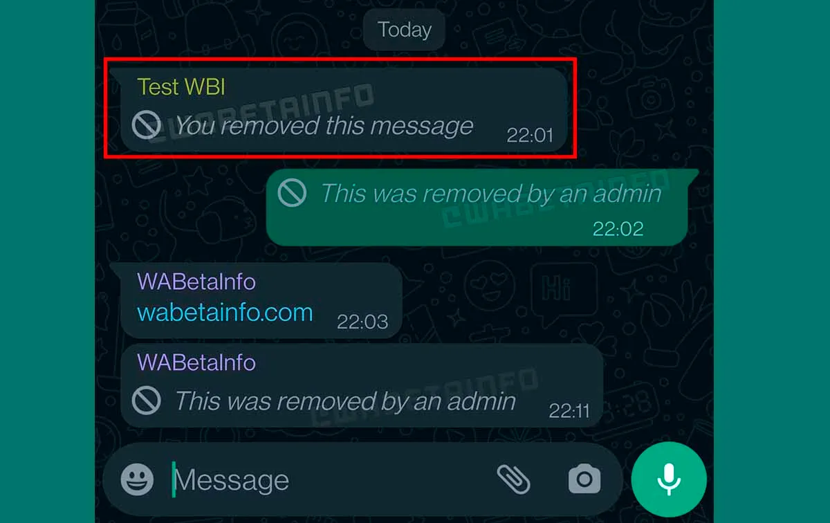 Administrador de un grupo en WhatsApp borra mensaje de otro usuario. (foto: WABetaInfo)