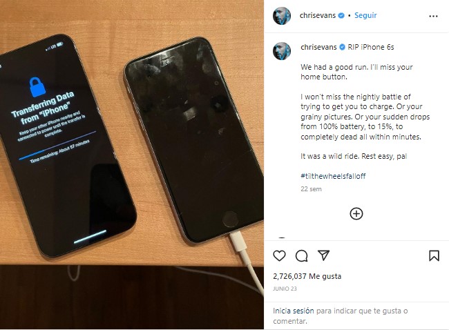 El actor Chris Evans se despide de su iPhone 6s en 2022, siete años luego de su lanzamiento en 2015. (Captura)