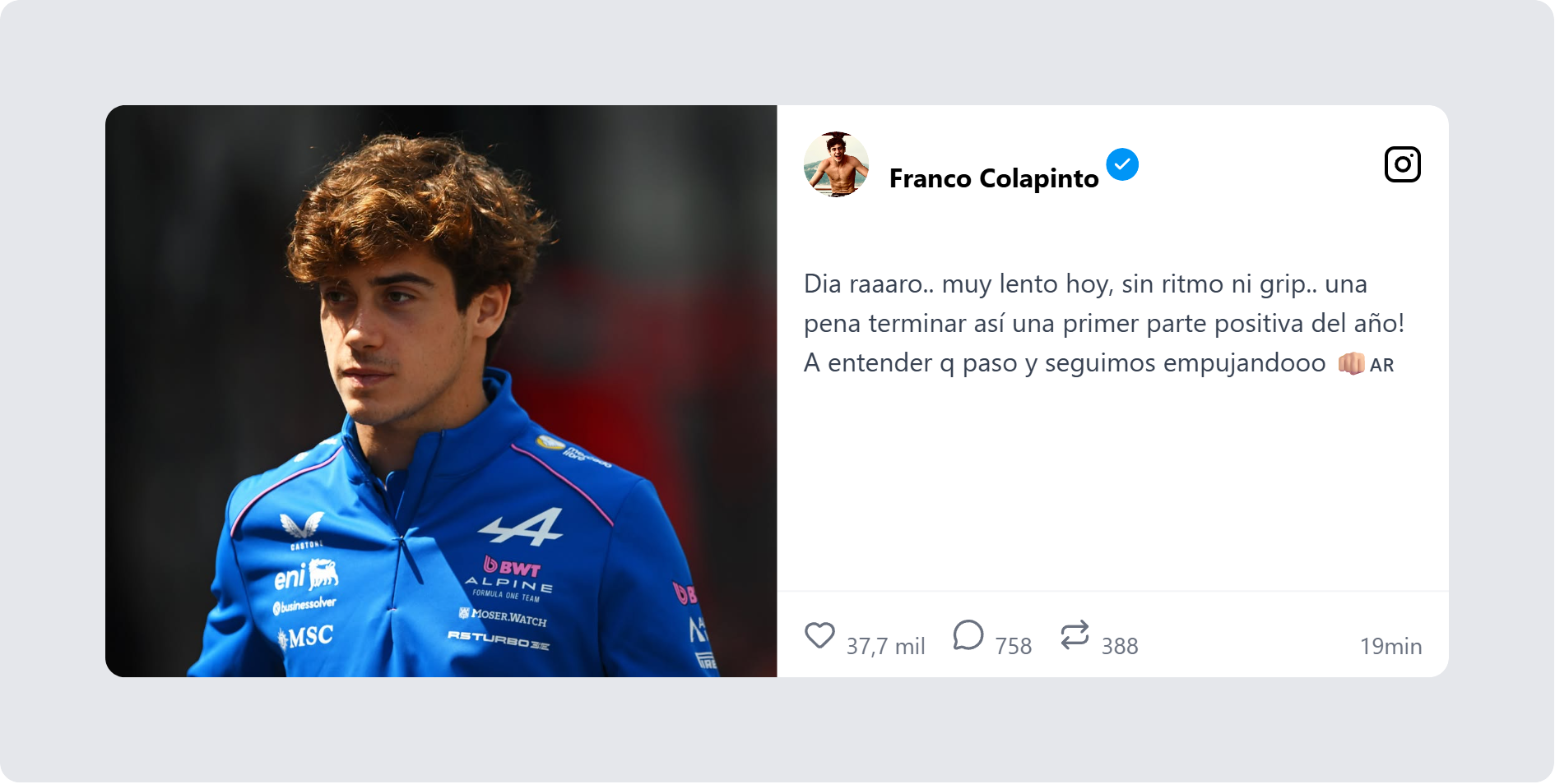 La autocr&iacute;tica de Franco Colapinto tras finalizar 15&deg; en el GP de Hungr&iacute;a de F1: "Fue algo raro, iba muy despacio"