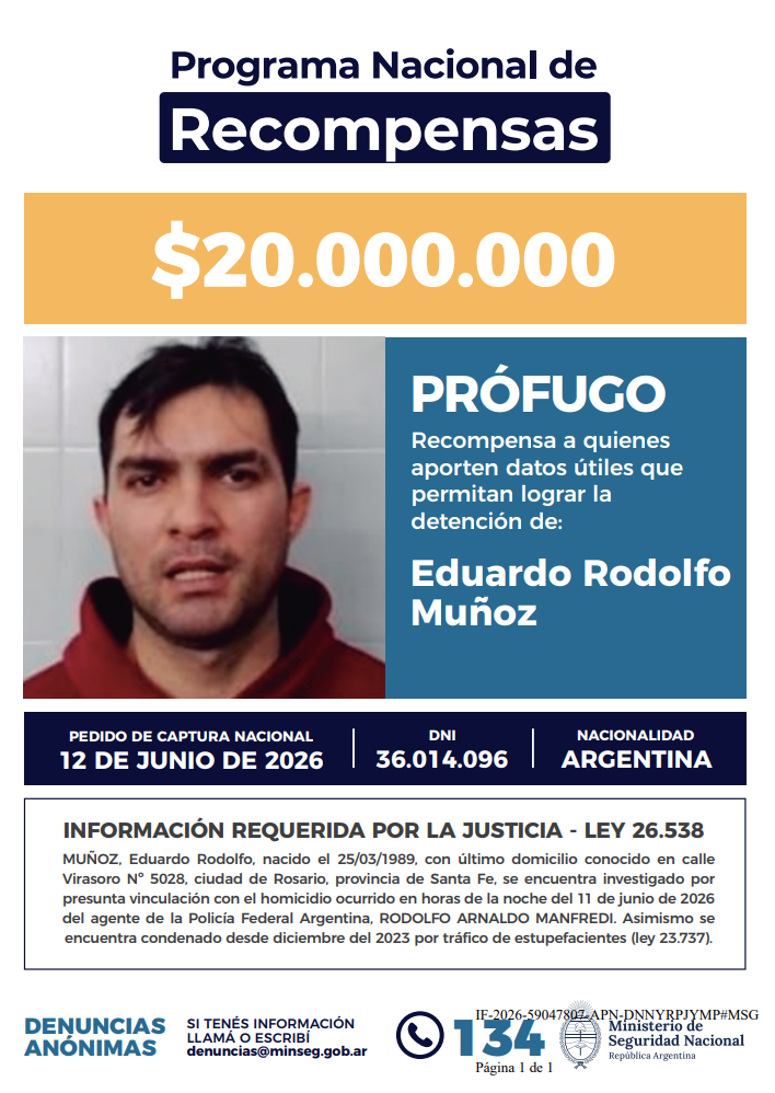 Ofrecen una recompensa millonaria para encontrar a un sospechoso por el homicidio de un efectivo policial en Rosario