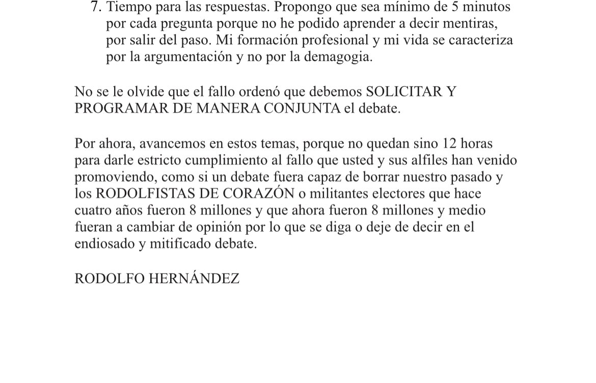 Rodolfo Hernández acepta debate con Gustavo Petro y pide que se avance rápidamente en las reglas de juego para desarrollarlo.