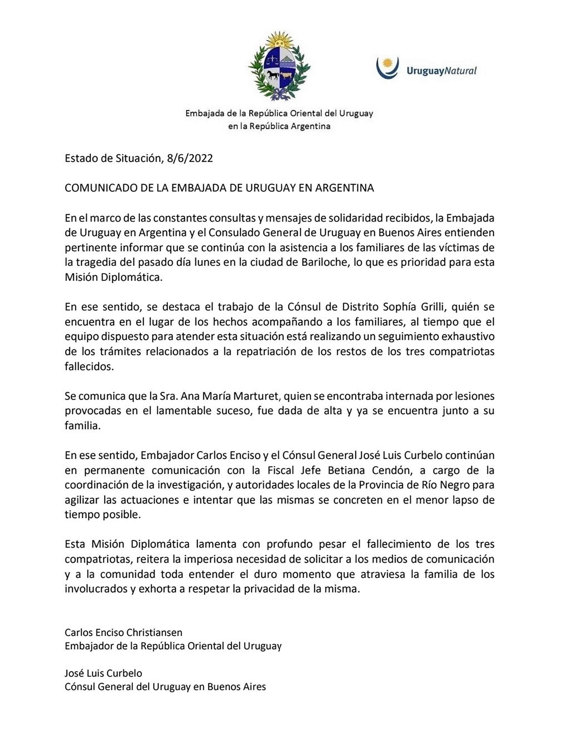 En el último comunicado, la embajada Uruguaya en Argentina confirmó que Ana María Marturet, la única sobreviviente, fue dada de alta