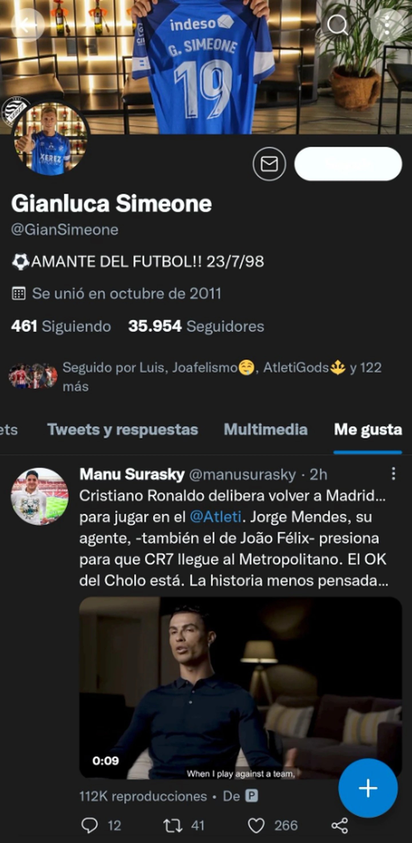 El like de Gianluca Simeone al tuit que menciona la posibilidad de que CR7 llegue al Atlético Madrid. El hijo del DT juega en el Xerez de España