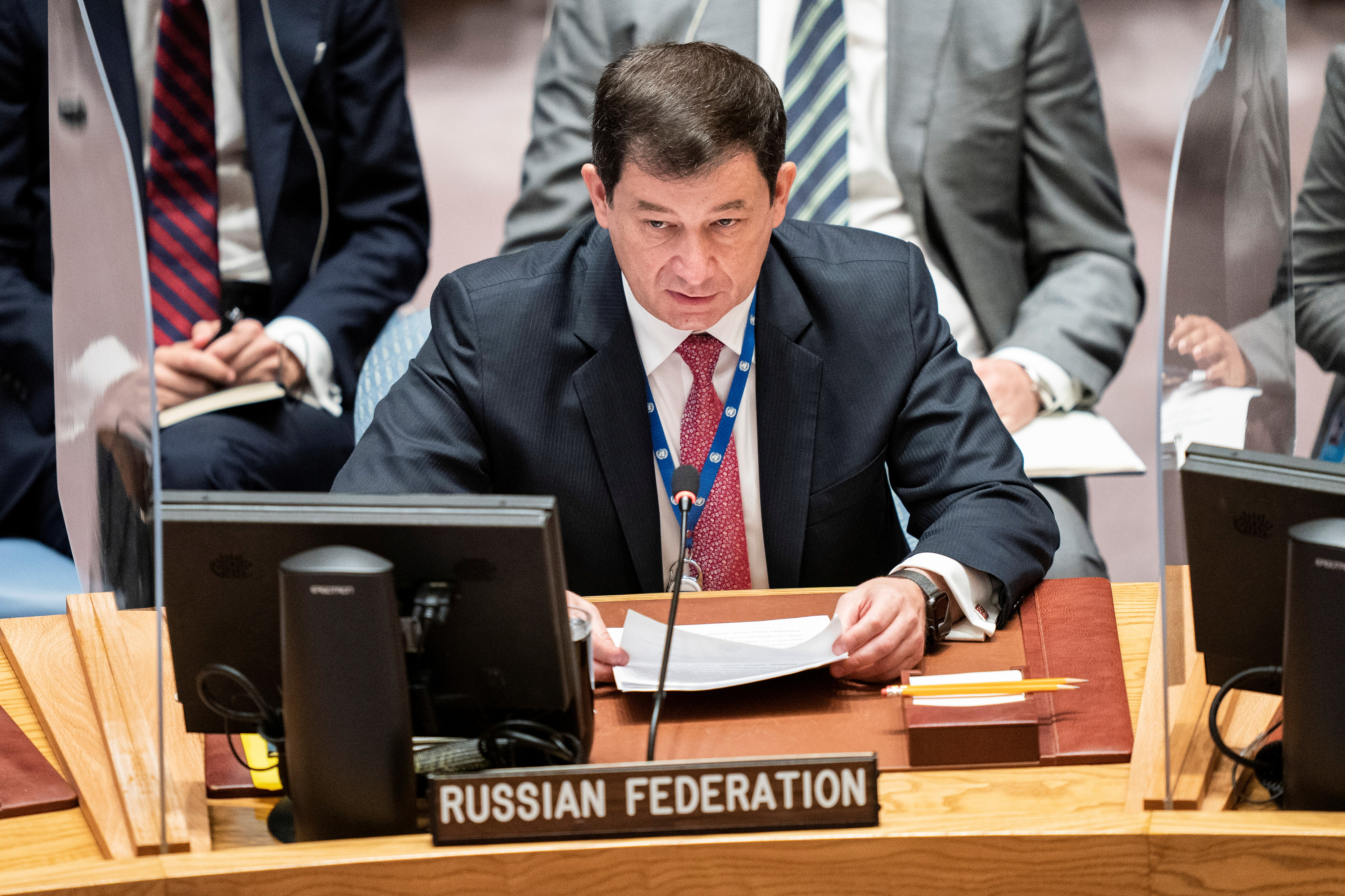 First Deputy Permanent Representative of Russia to the United Nation Dmitry Polyanskiy speaks during a meeting of the United Nations Security Council at the 76th Session of the U.N. General Assembly in New York, U.S. September 23, 2021. John Minchillo/Pool via REUTERS