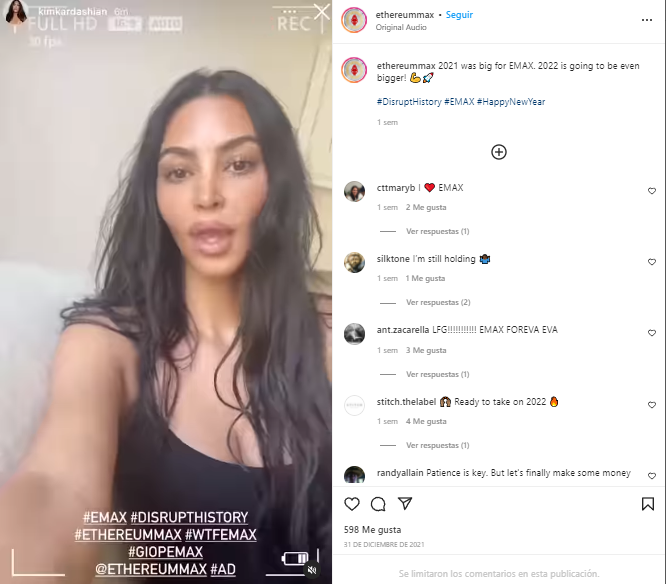 La criptomoneda festejó la colaboración con Kim Kardashian (Foto: Instagram/ EthereumMax)