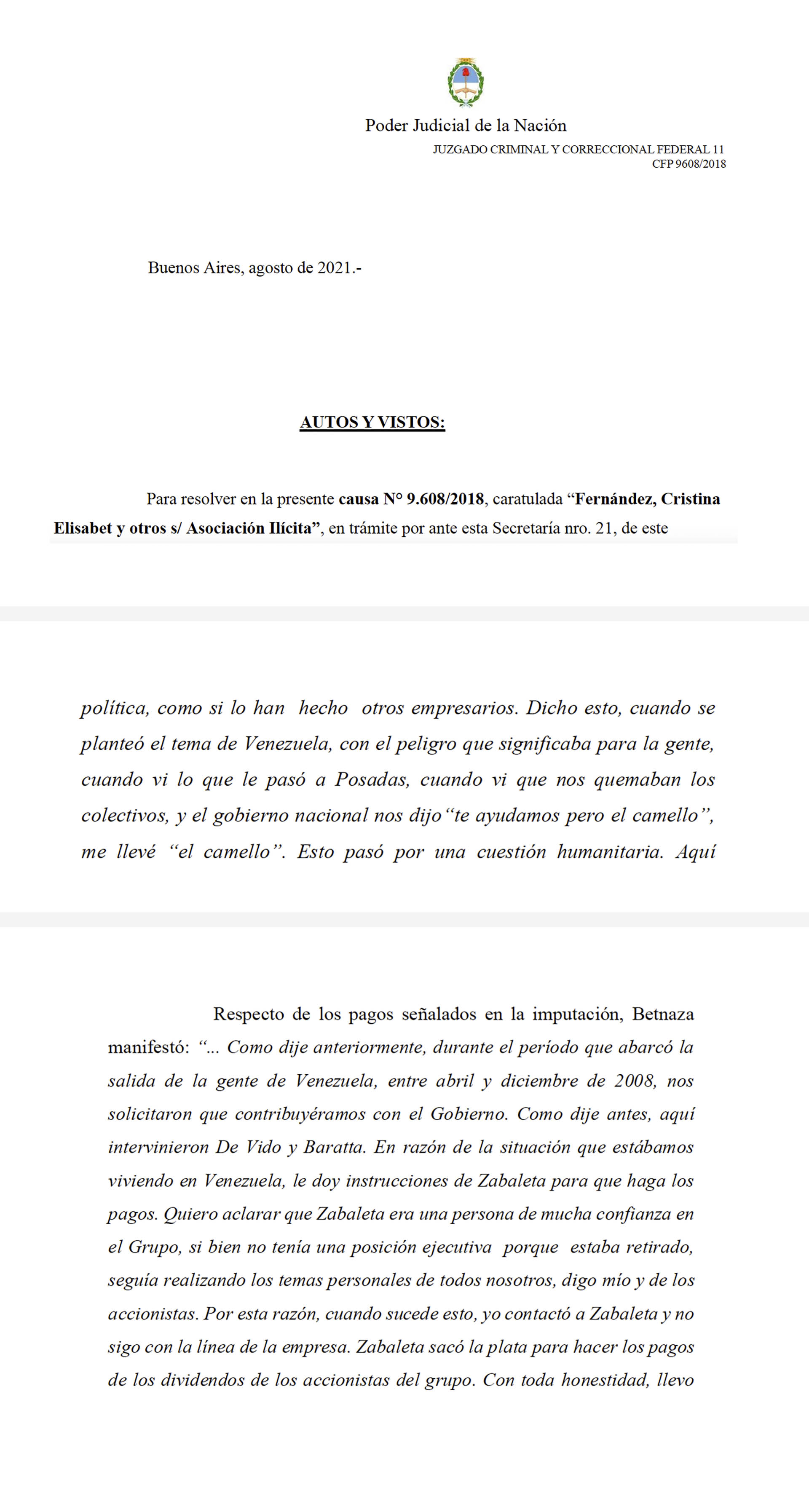 Extractos de la declaración indagatoria de Luis Betnaza en los Tribunales argentinos en la "causa de los cuadernos de las coimas"