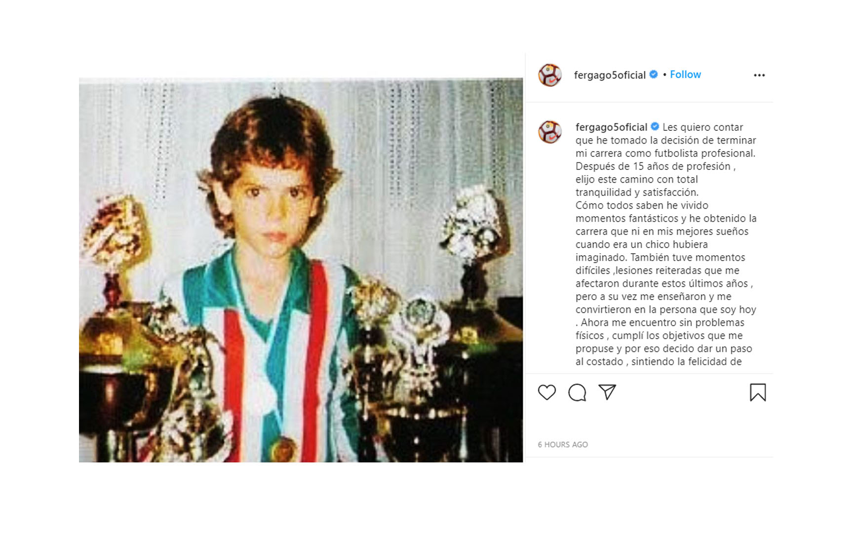 La publicación de Gago en su Instagram en la que anunció su retiro del fútbol