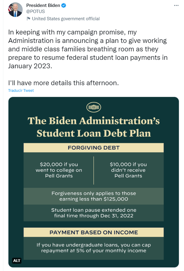 La Fundación de la Red de Creadores de Empleo presentó una demanda en nombre de dos particulares que afirman que la medida del presidente Joe Biden no cumple los requisitos para perdonar deudas estudiantiles de hasta 10.000 dólares a los jóvenes que ganen menos de 125.000 dólares al año.