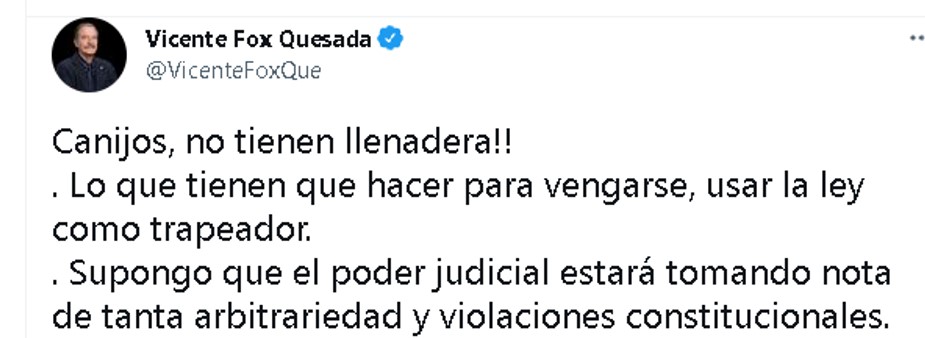 El ex presidente mexicano ha criticado a la FGR y a AMLO tras las acusaciones que pesan sobre Ricardo Anaya (Foto: Twitter/ @VicenteFoxQue)