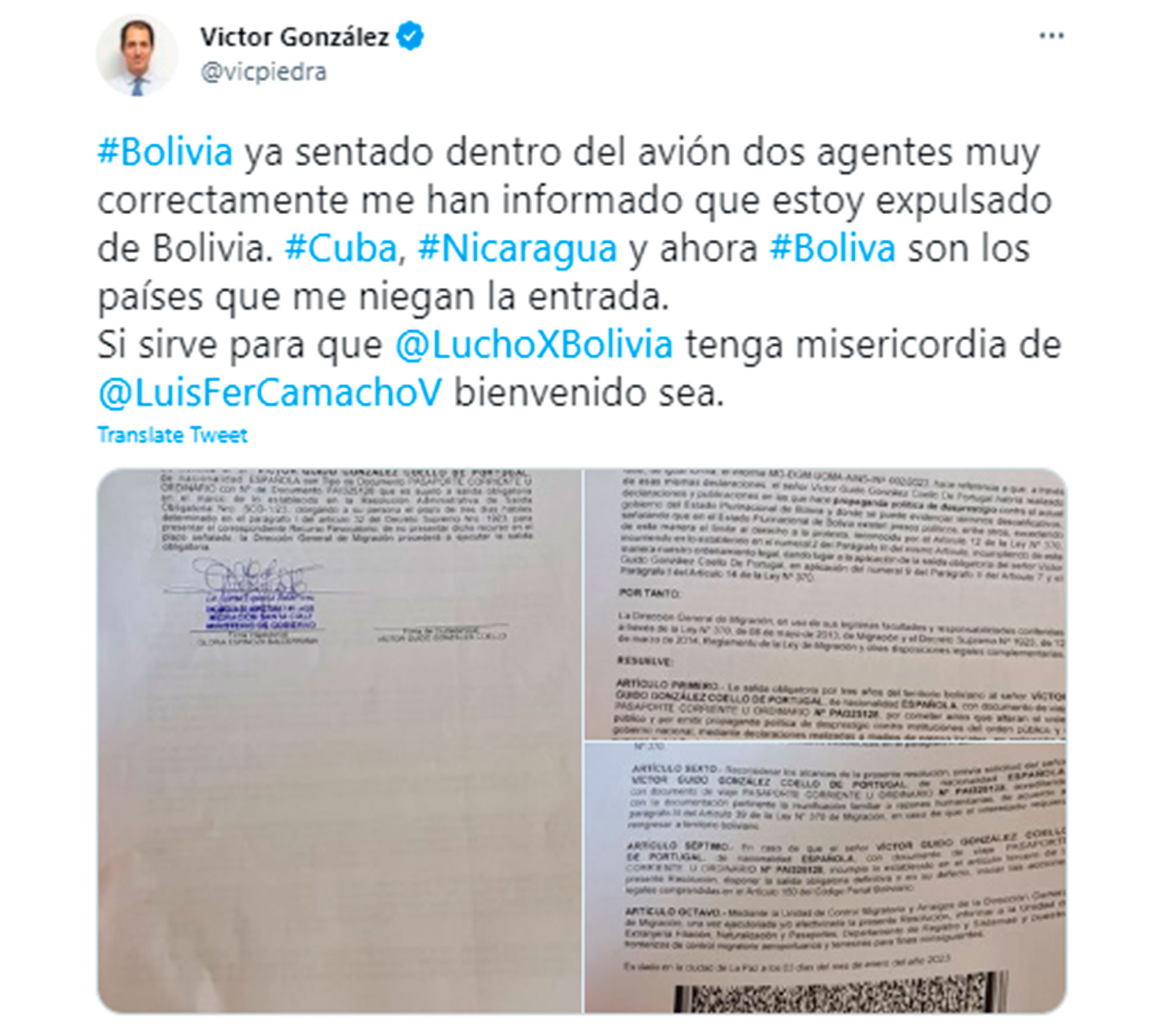 El mensaje de González en Twitter