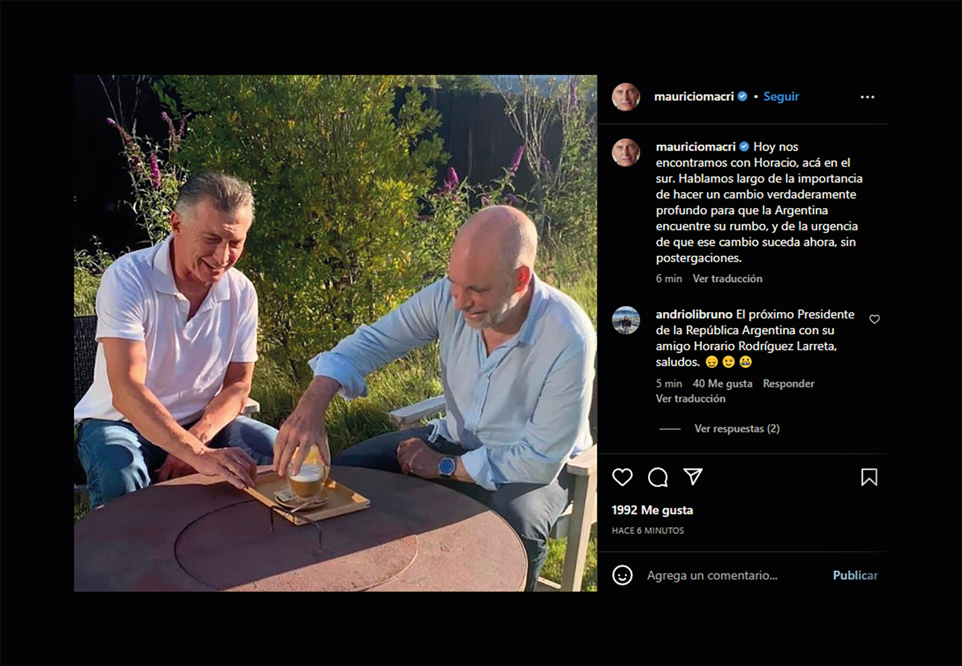 Mauricio Macri comentó en Instagram su encuentro con Horacio Rodríguez Larreta