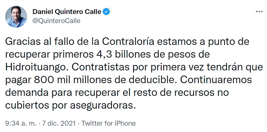 Tweet Daniel Quintero Hidroituango