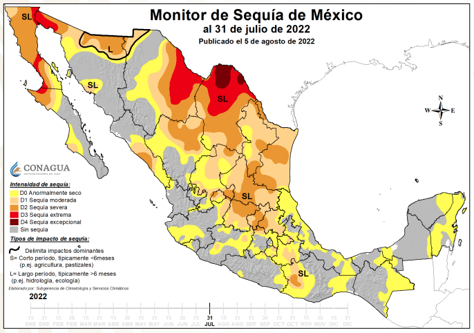 Sequía en México durante segunda quincena de julio de 2022. Foto: CONAGUA Clima