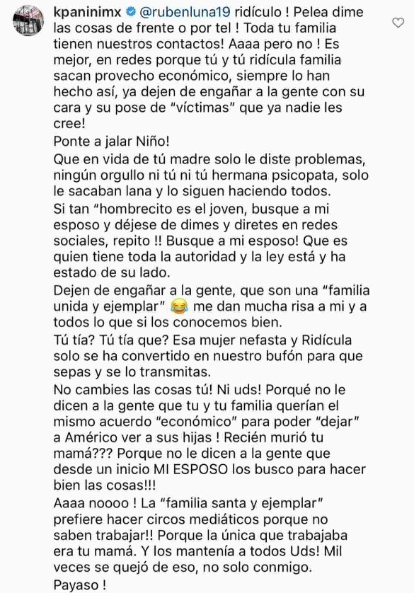 Este fue el comentario con el que Karla respondió a José Rubén, a quien desde varios años atrás ha culpado de ser no haber sido un buen hijo (Captura de pantalla: Instagram/@kpaninimx)