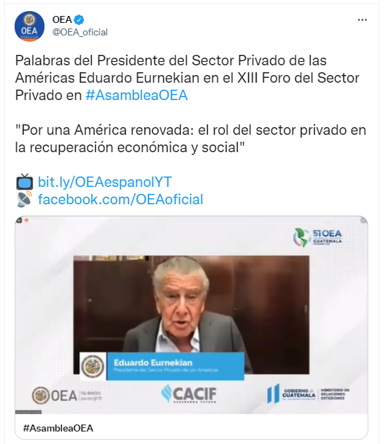 El mensaje que pronunció Eduardo Eurnekian fue transmitido por las redes sociales de la OEA.