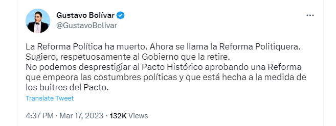 El exsenador Bolívar advirtió que el Pacto Histórico no puede prestarse para aprobar una reforma de esta naturaleza. Twitter.