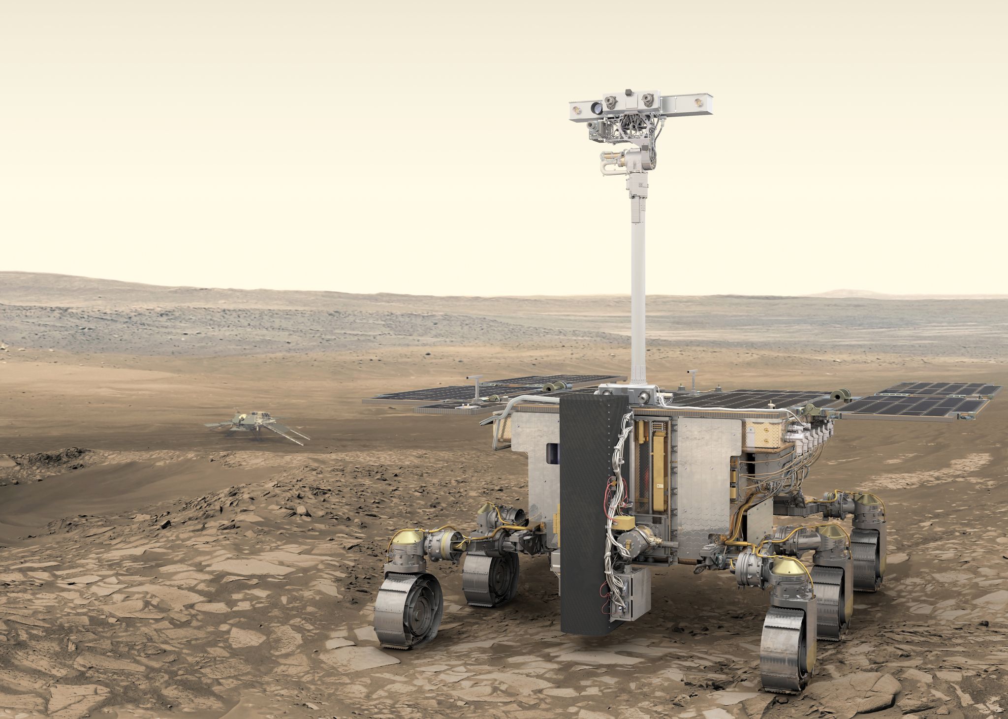 Representación artística del rover ExoMars de la ESA (en primer plano) y de la plataforma científica rusa (al fondo) en Marte