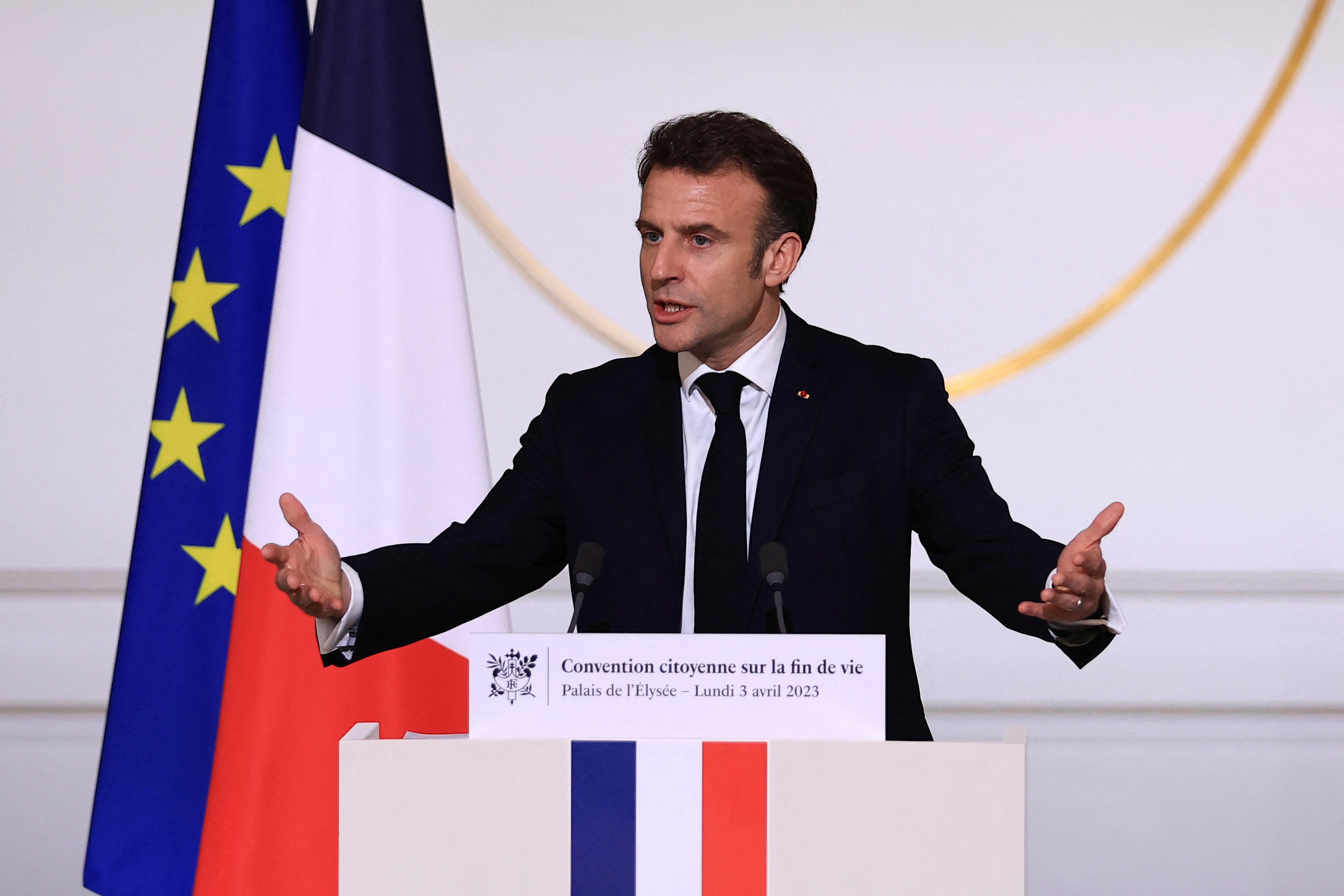 French President Emmanuel Macron at the Elysee Palace in Paris, France April 3, 2023. Aurelien Morissard/Pool via REUTERS/File