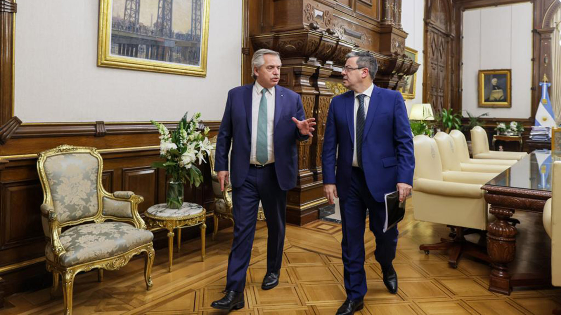 Alberto Fernández junto a Germán Martínez en la Casa Rosada