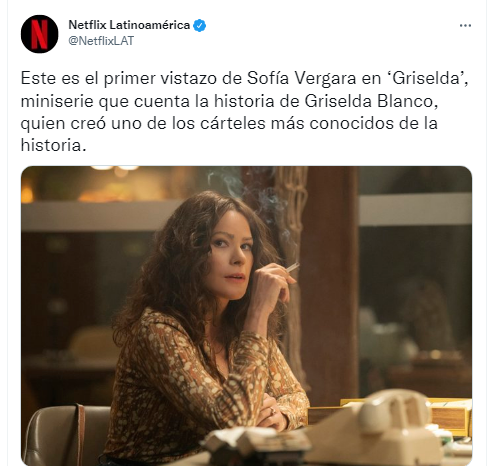 A través de sus redes sociales, Netflix compartió una toma de la transformación de Sofía Vergara para encarnar a Griselda Blanco en la serie 'Griselda'.
FOTO: Captura de pantalla de Twitter (@NetflixLAT)