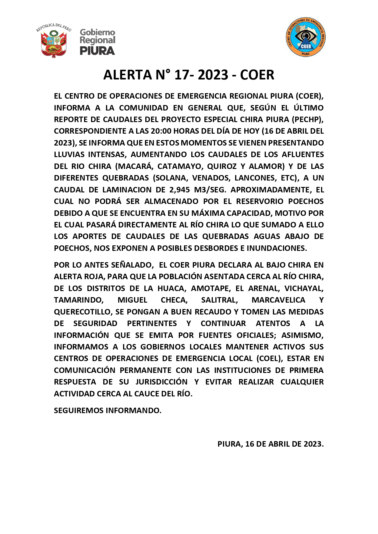 Comunicado COER Piura sobre intensas lluvias