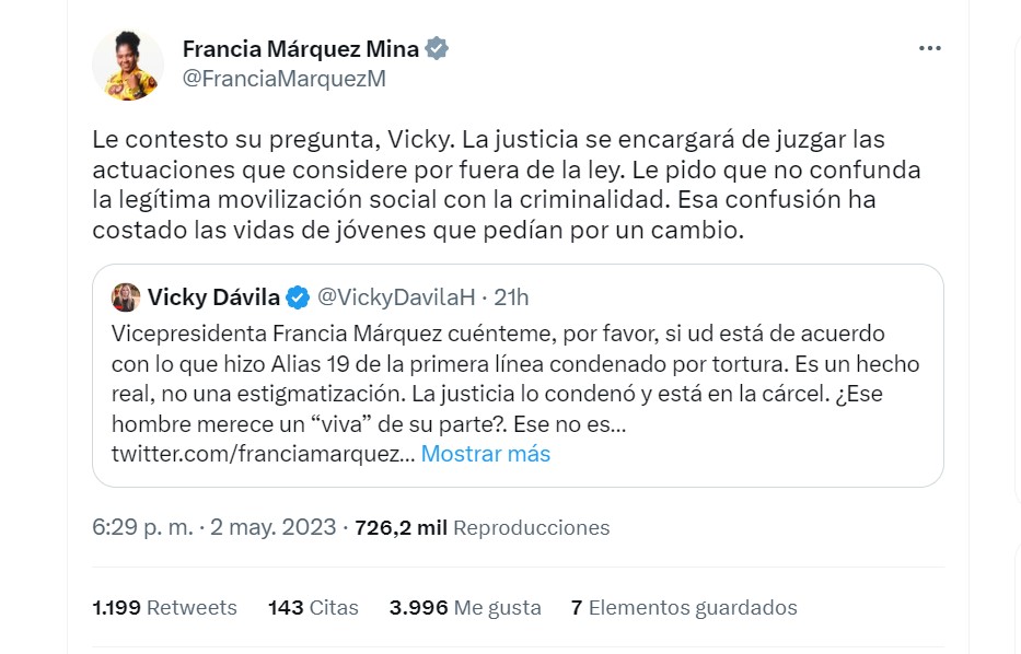 “No se puede seguir estigmatizando a la juventud”: Francia Márquez le responde a Vicky Dávila