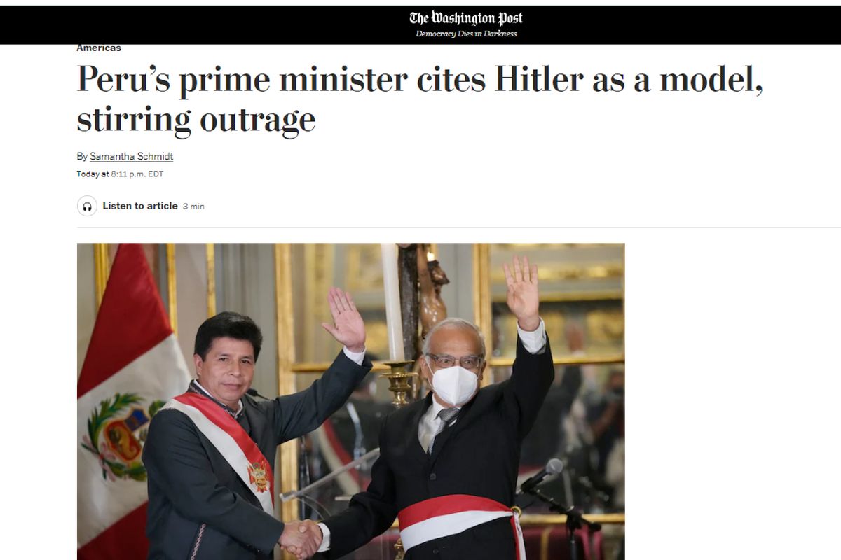 Prensa internacional informó sobre Aníbal Torres y sus frases de Hitler.