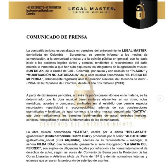 This is the statement shared by the legal defense of the SON DE AK group on the plagiarism lawsuit against Bellakath (Ig Capture: @alejodlaw)