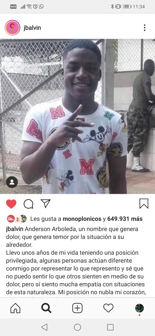 El Reggaetonero colombiano J Balvin también usó sus redes para pedir justicia por el caso de Anderson Arboleda. 