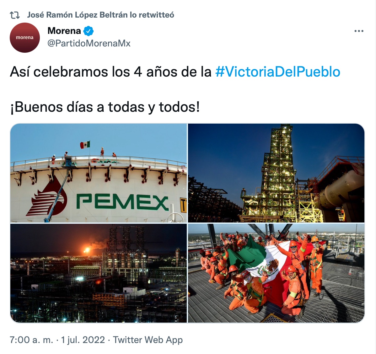 Morena presumió la refinería Dos Bocas para celebrar cuatro años del triunfo de AMLO (Foto: Twitter/@PartidoMorenaMx)