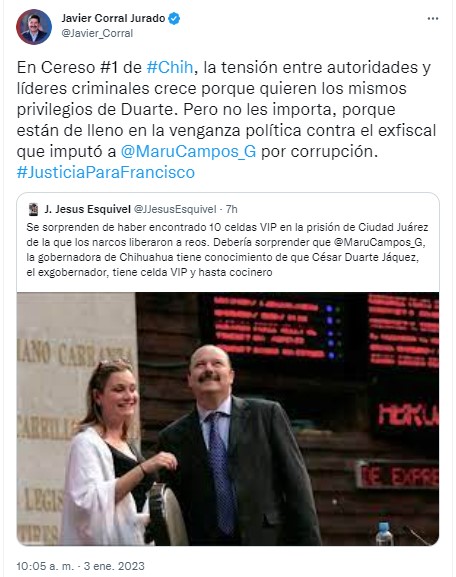 Javier Corral advirtió tensiones en otro Cereso de Chihuahua por privilegios de César Duarte (Foto: Twitter / @Javier_Corral)