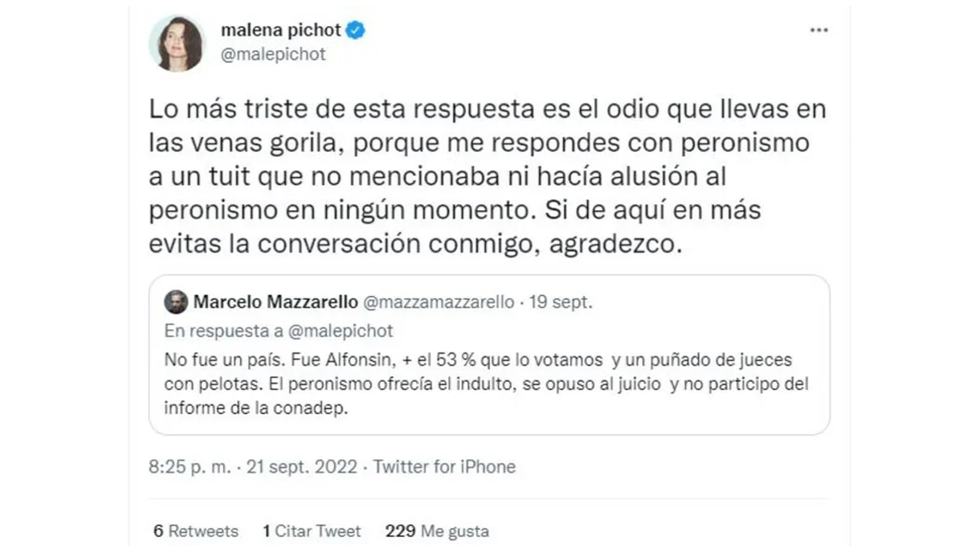 "Llevás odio en tus venas", aseguró Malena Pichot con una mención directa a Marcelo Mazzarello