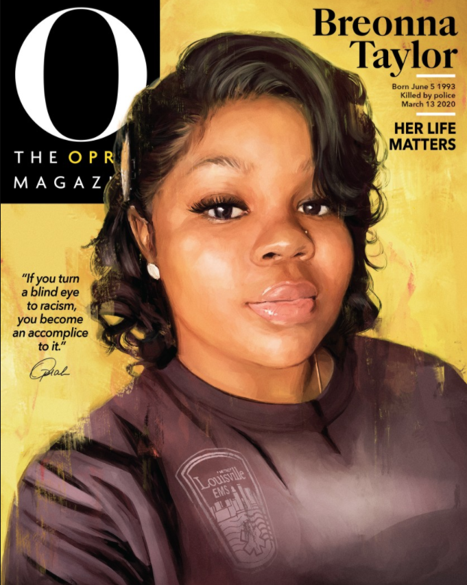 Sobre la firma de Oprah, una frase: “Si haces la vista gorda al racismo, te conviertes en su cómplice”. A un lado del retrato de Taylor, una referencia al movimiento Black Lives Matter: “Su vida importa”.