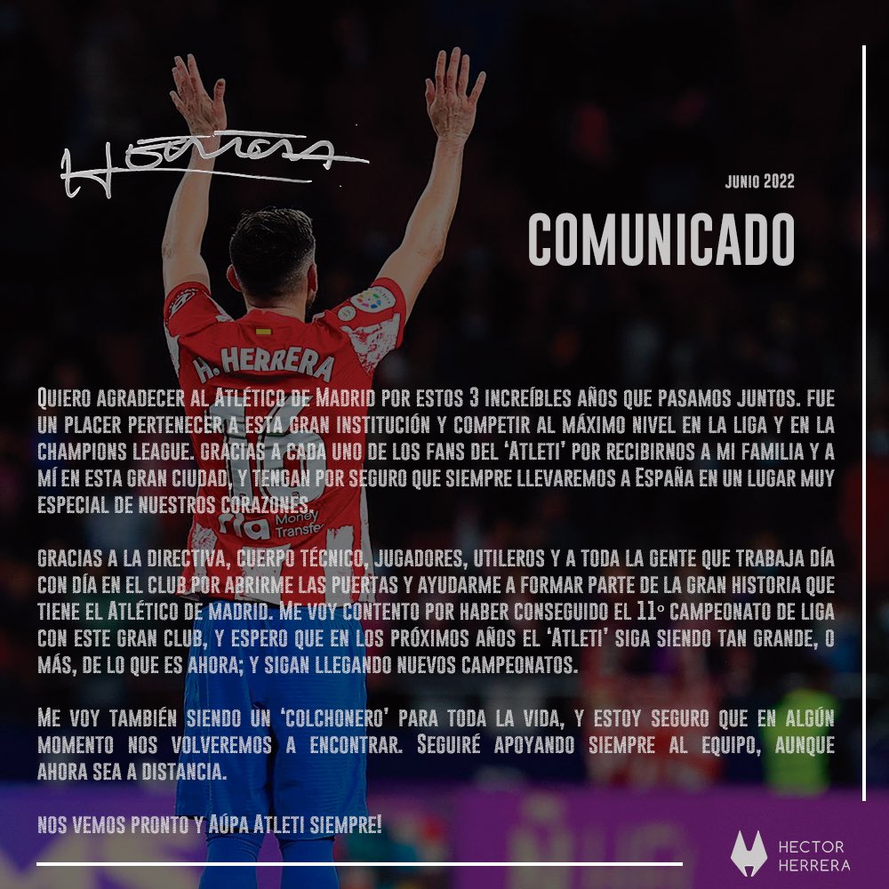 Héctor Herrera se despidió oficialmente del Atlético de Madrid (Foto: Twitter/@HHerreramex)