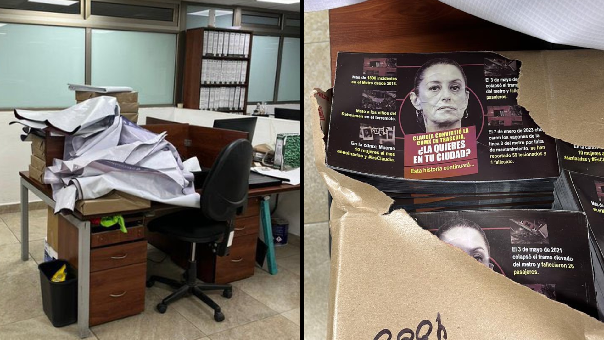 Volantes y lonas fueron hallados en las oficinas de la alcaldía Cuauhtémoc. (Twitter/@tania__rd)