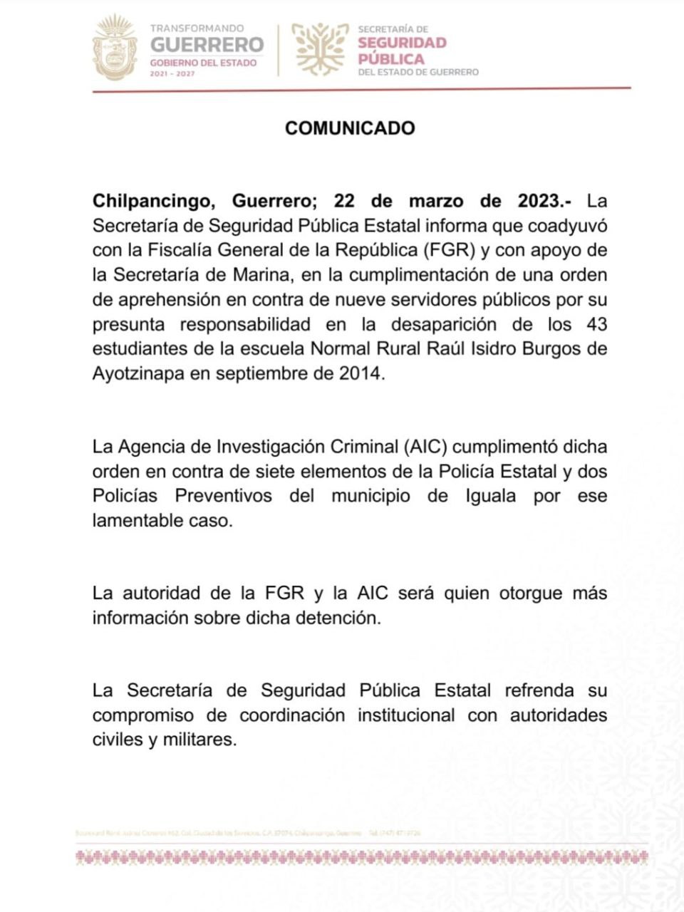 El comunicado de las autoridades detalló las instituciones que participaron en las capturas 
(Foto: SSP de Guerrero)