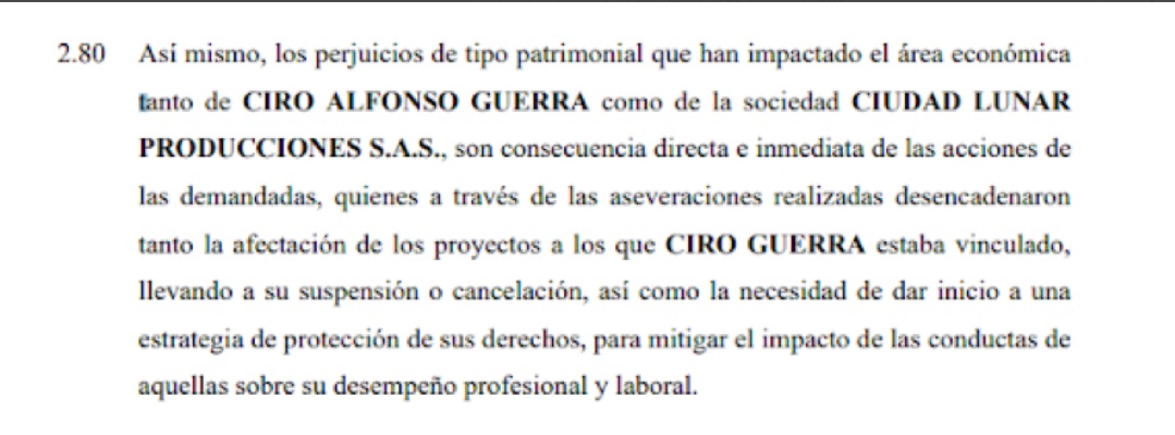 Apartado de la demanda civil de Ciro Guerra, en contra de las periodistas Catalina Ruiz-Navarro y Matilde Londoño. Foto: Twitter FLIP.