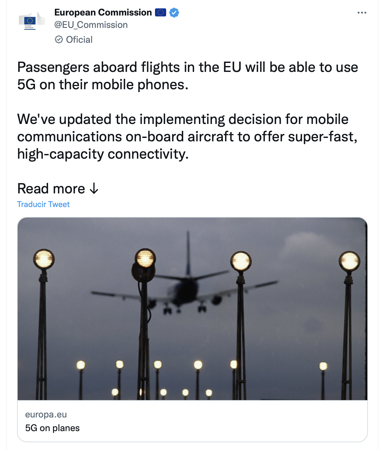 Volar usando datos 5G gracias a la Unión Europea. (foto: Twitter)