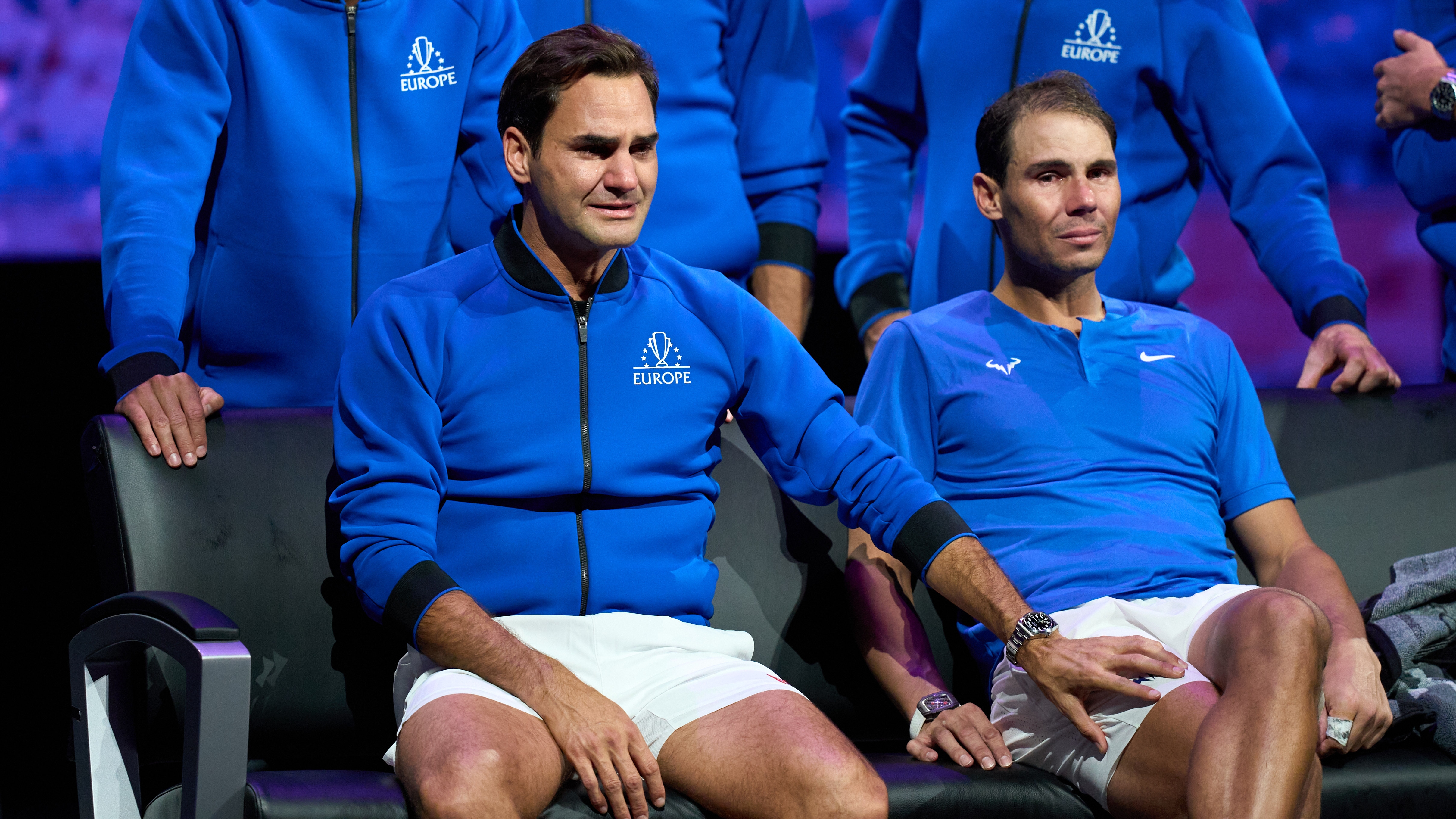 Sep 23, 2022; London, United Kingdom; A tearful Roger Federer (SUI) and Rafael Nadal (ESP) look on after his last  Laver Cup Tennis match. Mandatory Credit: Peter van den Berg-USA TODAY Sports/Sipa USA