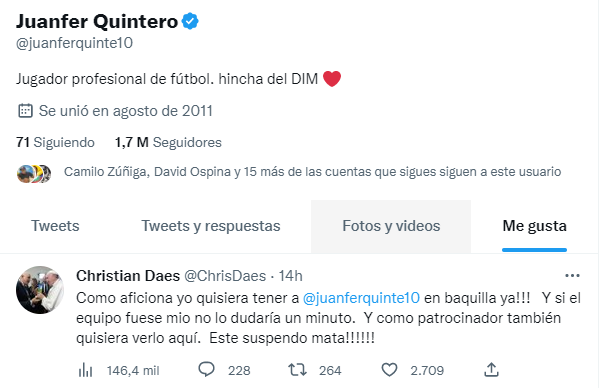Las interacciones de Juan Fernando Quintero con algunos trinos han servido para tornar la afición del Junior a su favor. Captura  @juanferquinte10