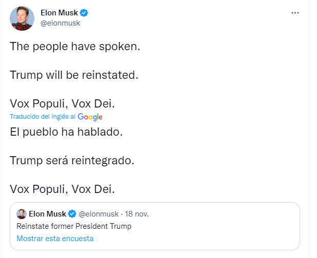 “El pueblo ha hablado. Trump será restituido. Vox Populi, Vox Dei”, anunció Musk a través de su cuenta oficial después que transcurrieron las 24 horas de plazo para responder a la encuesta que contó con más de 15 millones de participantes. (TWITTER)
